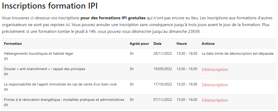 Desinscription pour une formation IPI