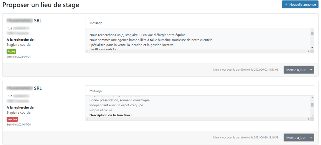 Stage, annonces dans le compte
